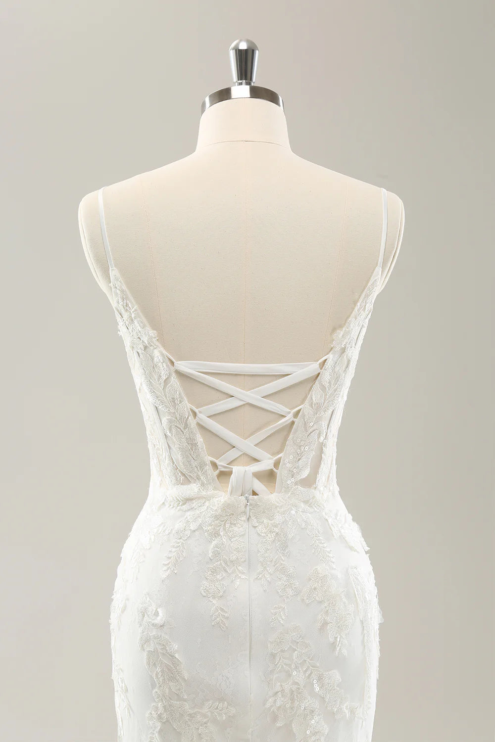 White Mermaid Spaghetti Straps Applique Lace Corset Wedding Dress with Lace-up Back