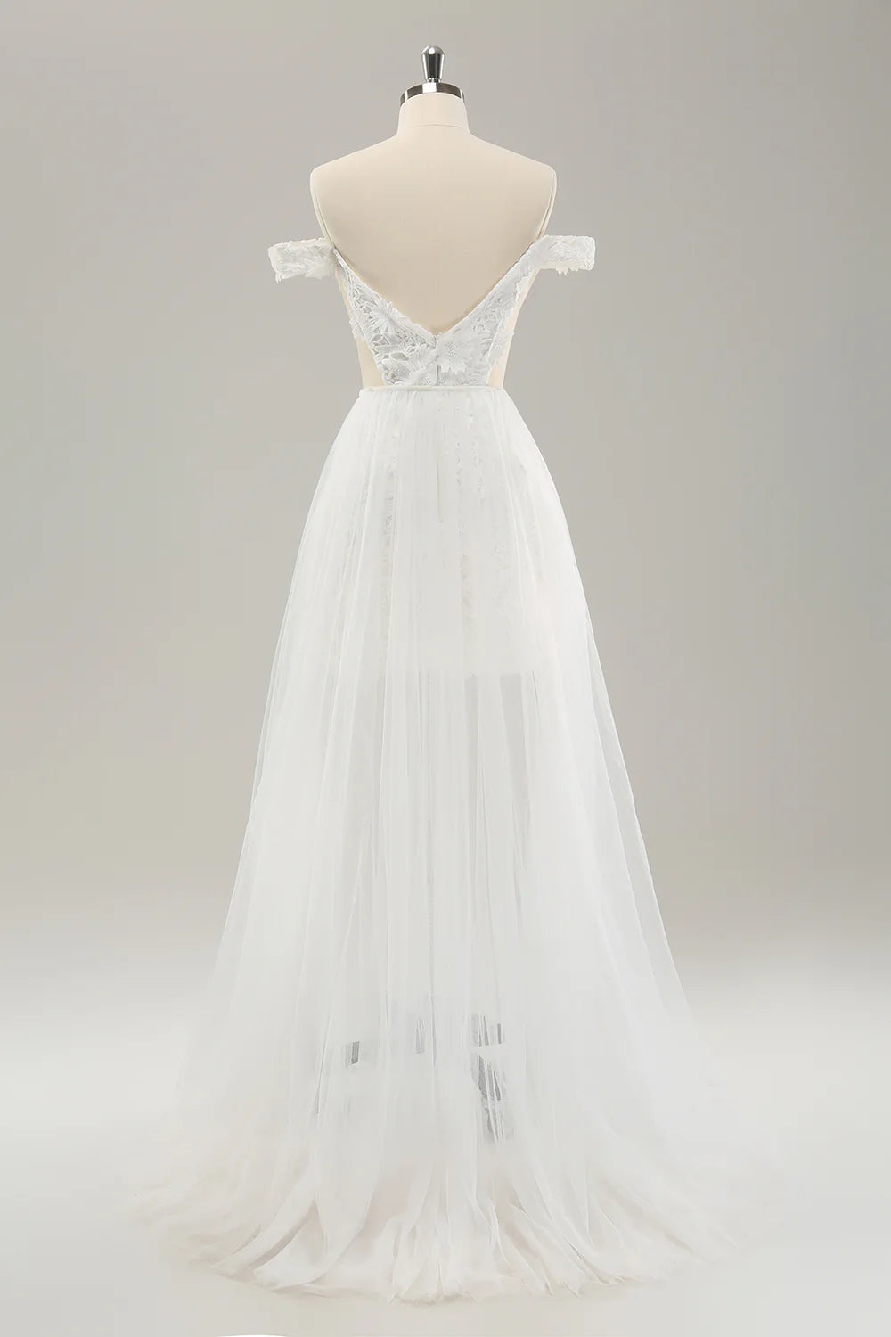 White Off the Shoulder Cut Out Wedding Dress with Detachable Tulle