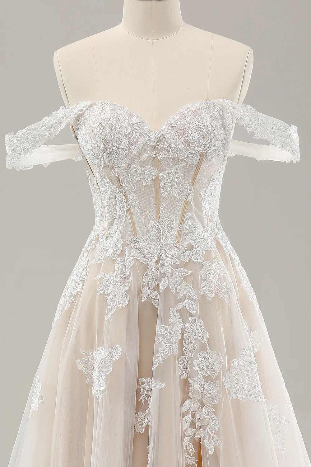 Princess White Off the Shoulder Applique Tulle Wedding Dress with Slit