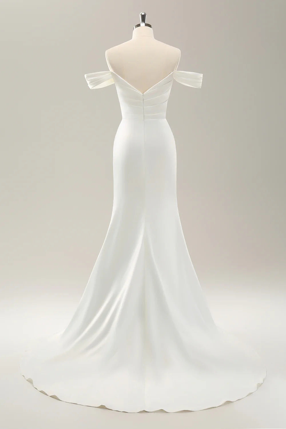 White Mermaid Off The Shoulder Pleated Satin Wedding Dress with Slit