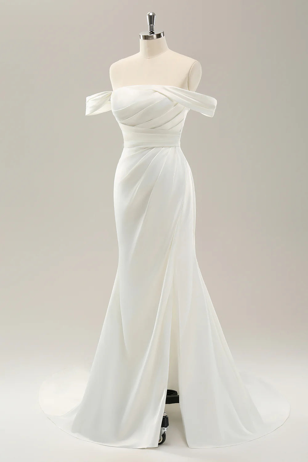 White Mermaid Off The Shoulder Pleated Satin Wedding Dress with Slit