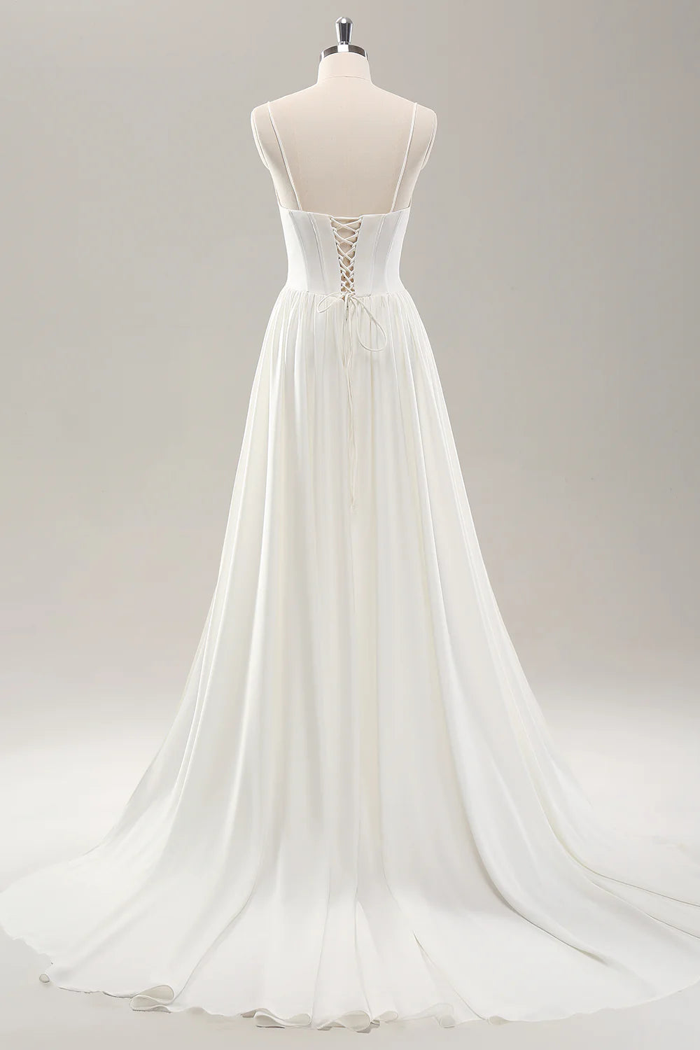 White Spaghetti Straps Satin Sweep Train Wedding Dress with Slit