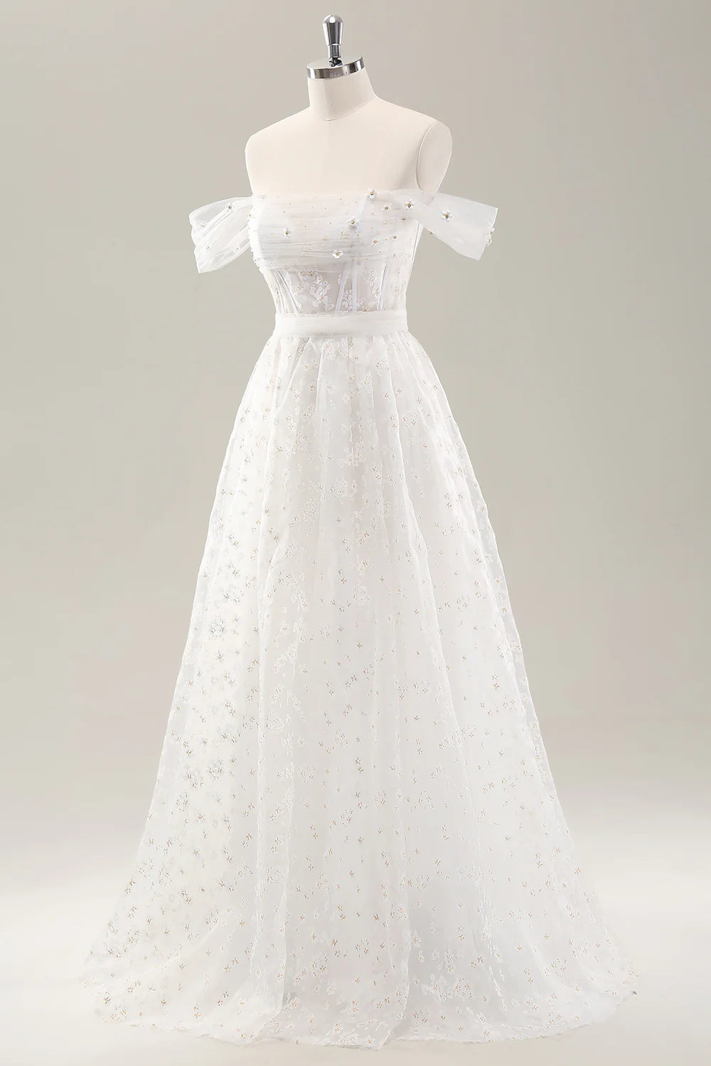 White A Line Off the Shoulder Corset Wedding Dress with Lace Up Back