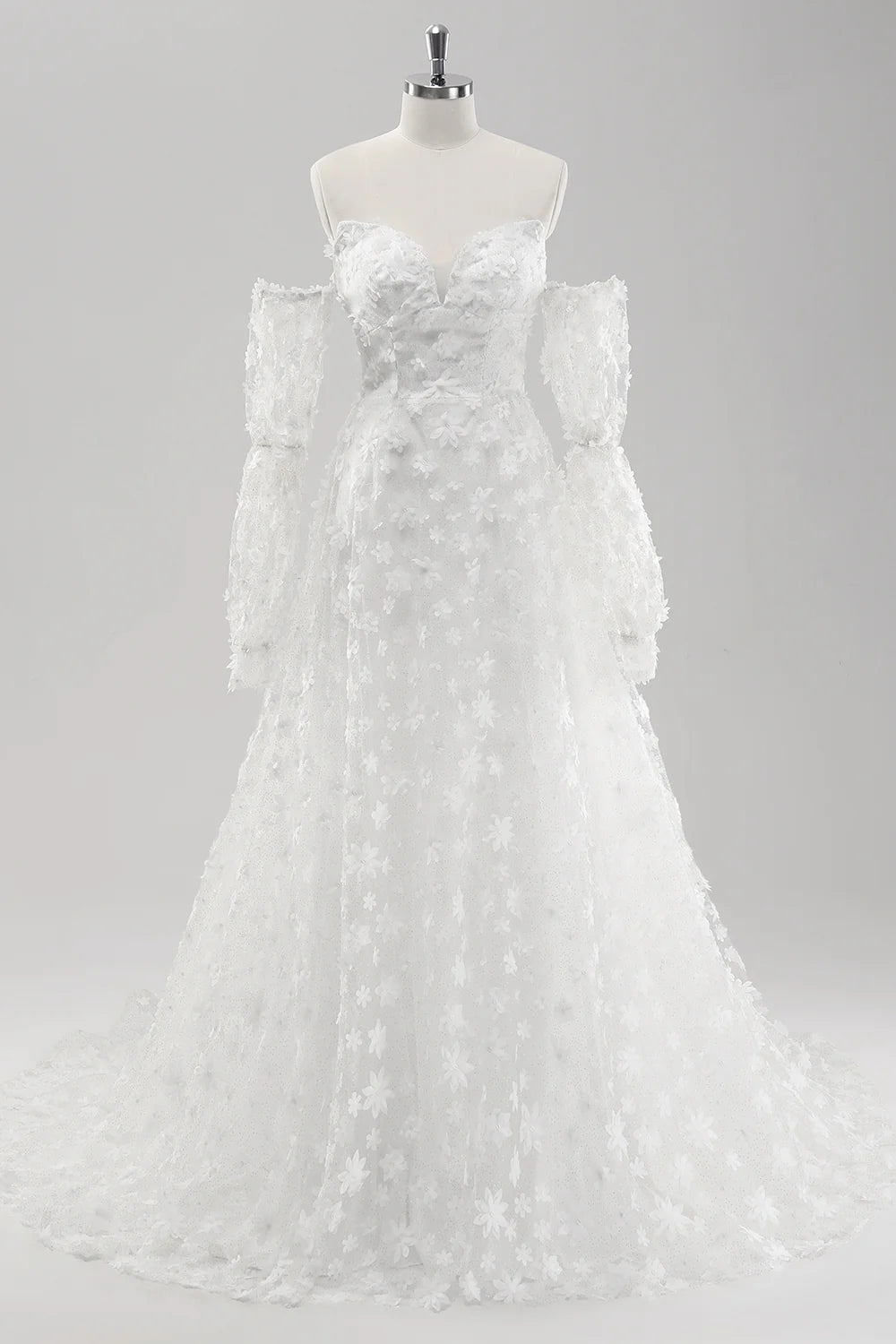 White A Line Sweetheart Applique Lace Wedding Dress with Detachable Sleeves