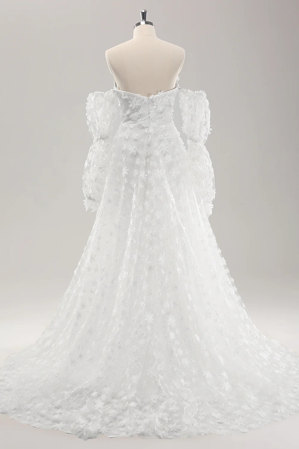 White A Line Sweetheart Applique Lace Wedding Dress with Detachable Sleeves
