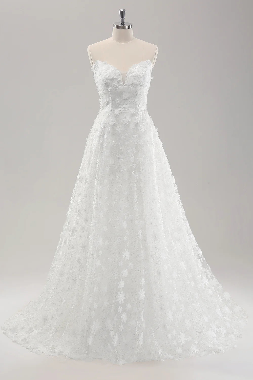 White A Line Sweetheart Applique Lace Wedding Dress with Detachable Sleeves