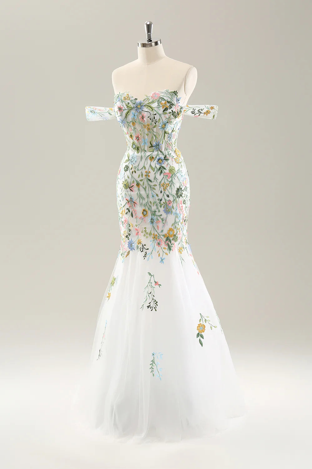 White Mermaid Off the Shoulder Flowers Corset Bridal Dress