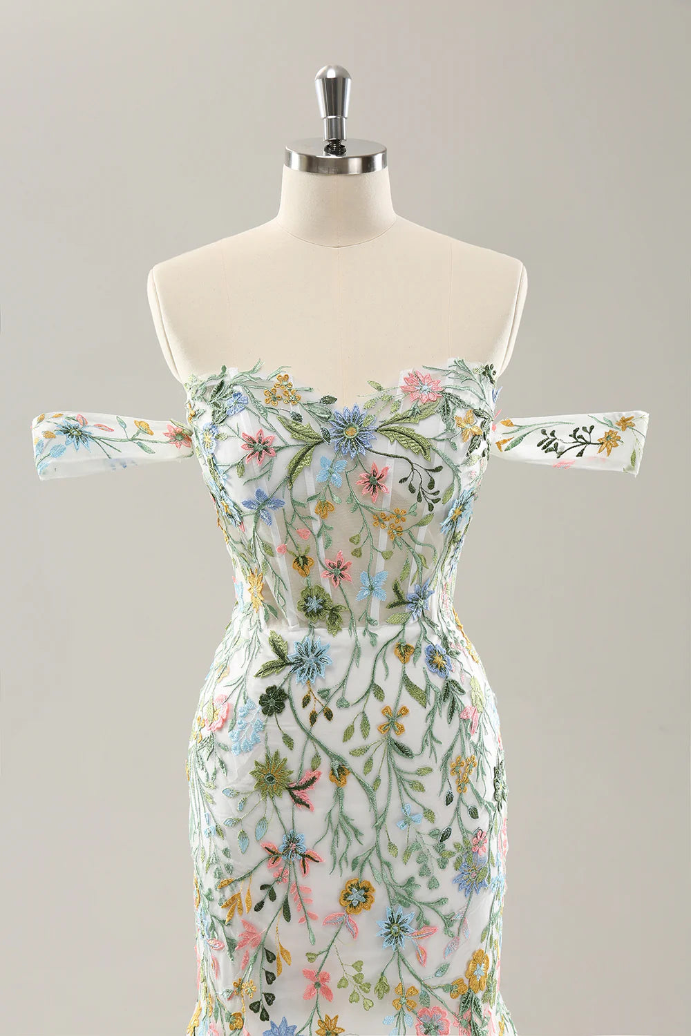 White Mermaid Off the Shoulder Flowers Corset Bridal Dress