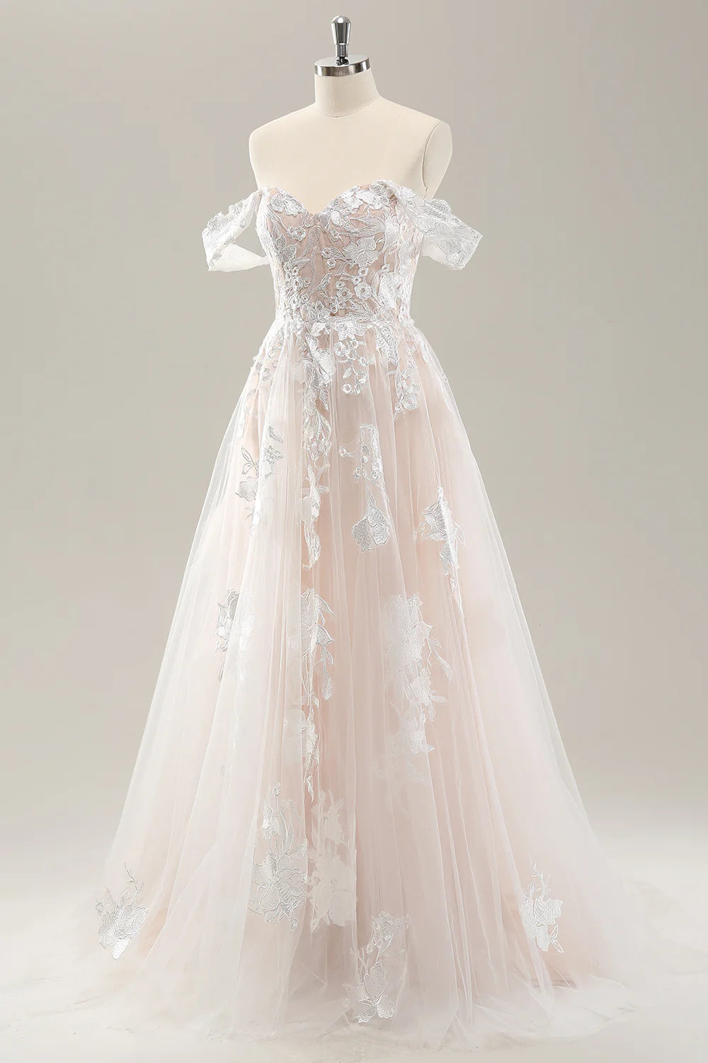 White A Line Off the Shoulder Tulle Wedding Dress with Applique Lace