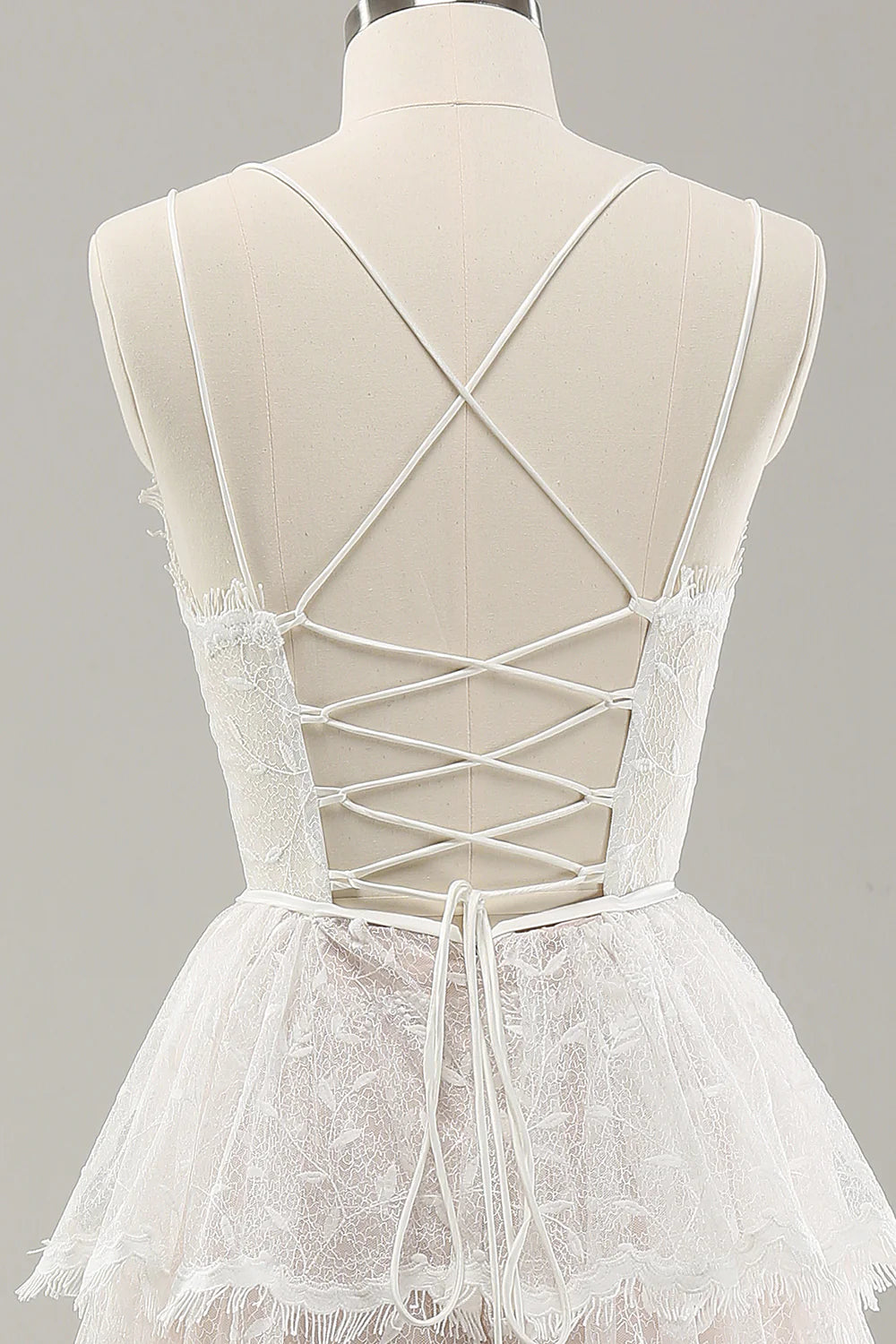 White A Line Spaghetti Straps Tiered Lace Wedding Dress with Lace Up Back