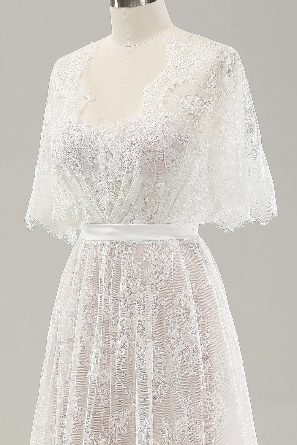 White A Line Sweetheart Lace Long Wedding Dress with Short Sleeves