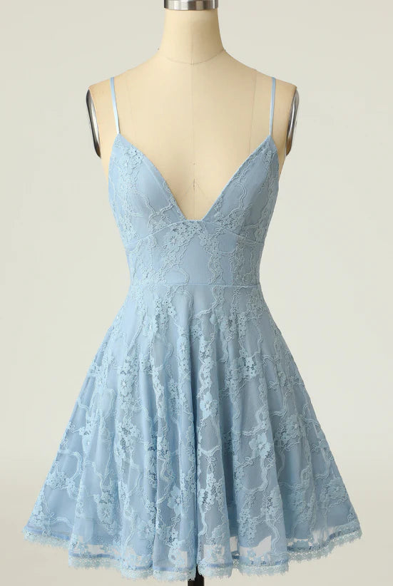 Spaghetti Straps Lace Blue Homecoming Dress