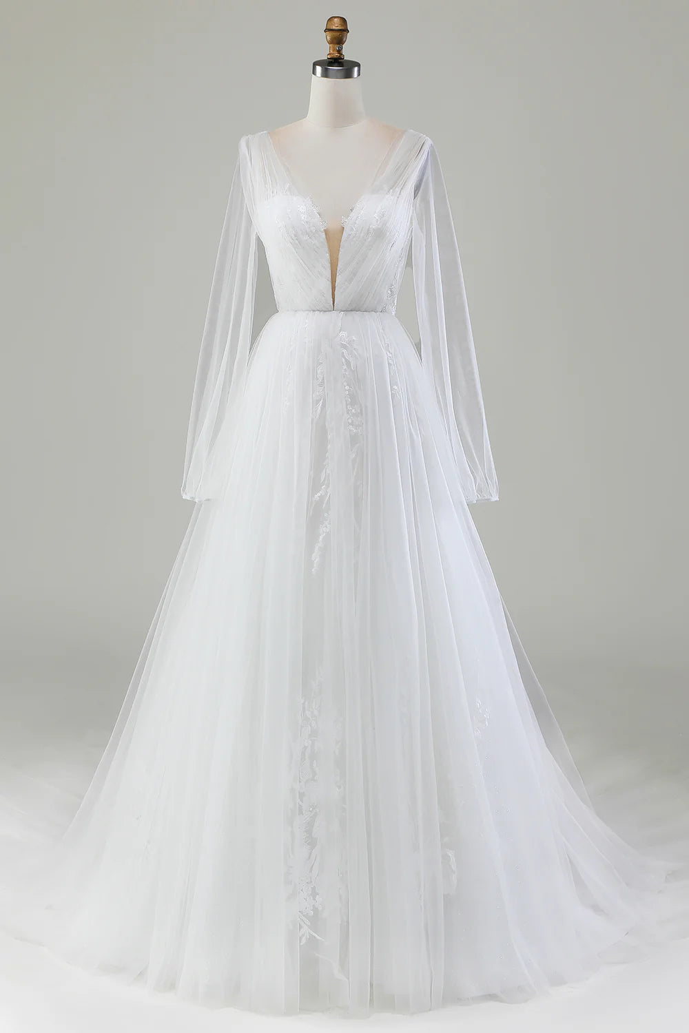 Ivory A-Line V-Neck Pleated Tulle Wedding Dress With Long Sleeves
