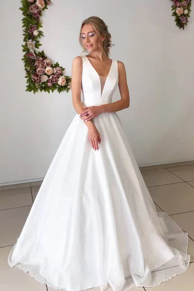 Buyishang A-line Attractive V-neck Simple Wedding Dress Rustic Wedding Gown