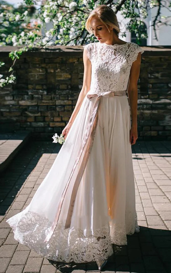 Buyishang A Line Bateau Chiffon and Lace Floor-length Short Sleeve Wedding Dress with Ribbon