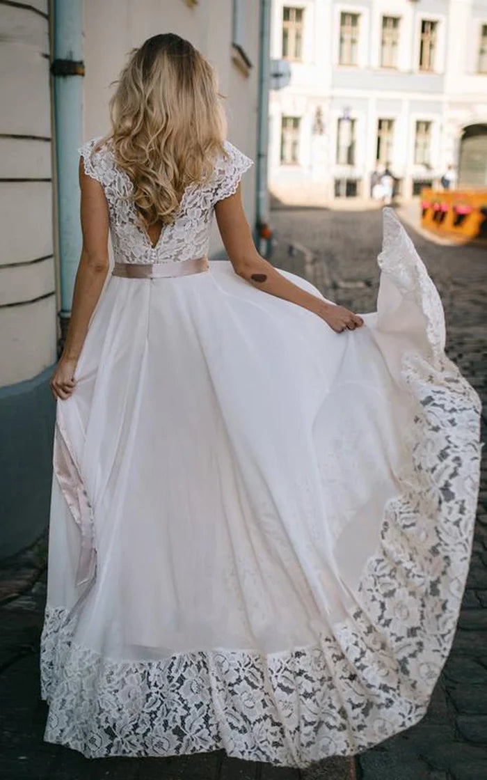 Buyishang A Line Bateau Chiffon and Lace Floor-length Short Sleeve Wedding Dress with Ribbon