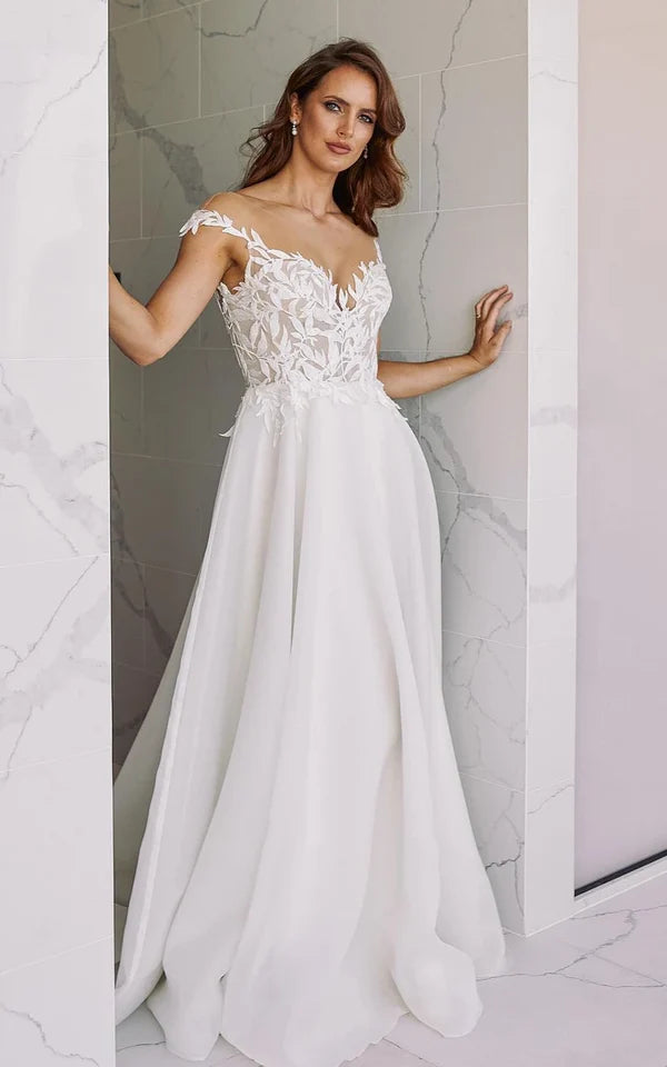 Buyishang A-Line V-Neck Chiffon Floor Length Wedding Dress With Appliques
