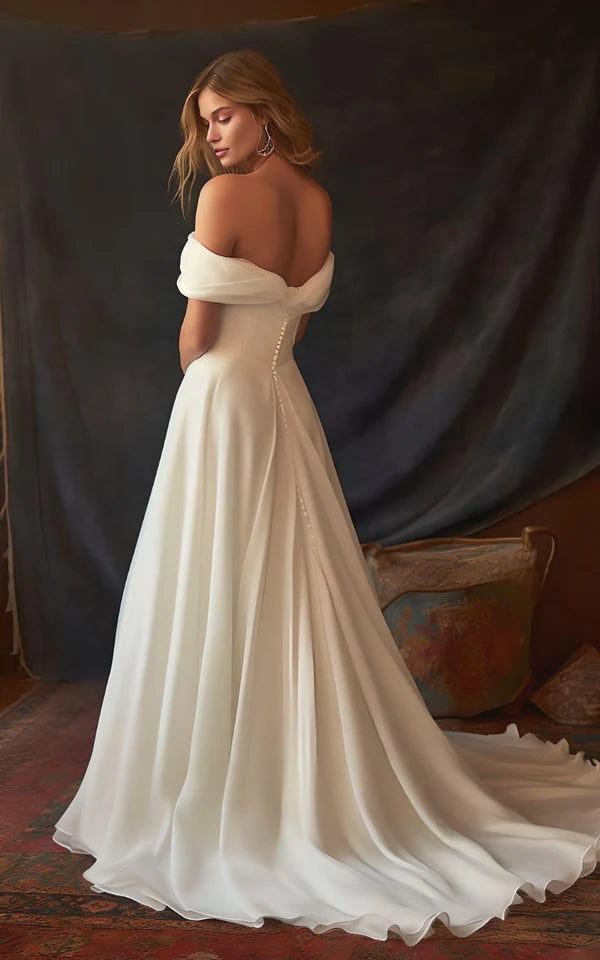 Buyishang A-Line Chiffon Sleeveless Off-the-Shoulder Wedding Dress with Ruching Floor Length