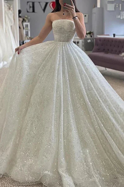 Buyishang A-Line Detachable Off-Shoulder Empire Glitter Tulle Wedding Dress