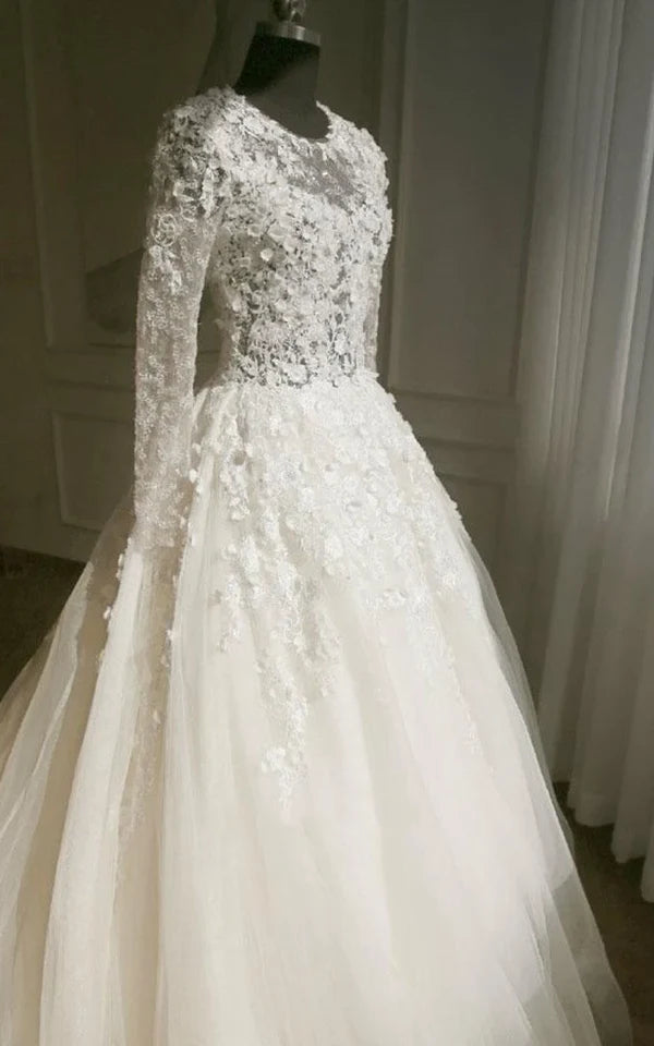 Buyishang A-Line Long Sleeve Bell Beading Appliques Flower Zipper Keyhole Tulle Lace Dress