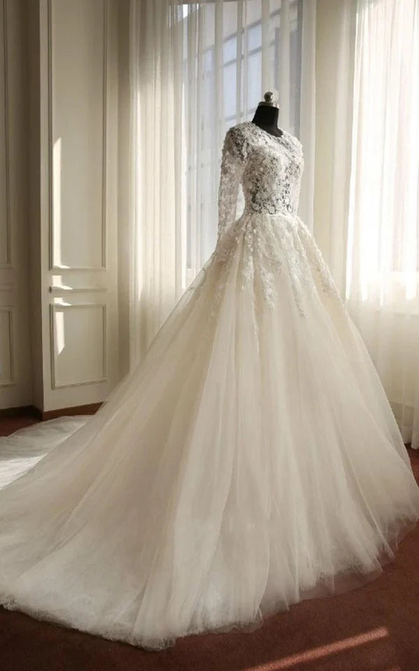 Buyishang A-Line Long Sleeve Bell Beading Appliques Flower Zipper Keyhole Tulle Lace Dress