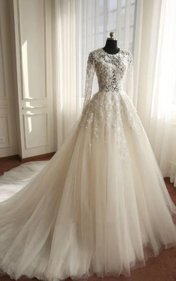 Buyishang A-Line Long Sleeve Bell Beading Appliques Flower Zipper Keyhole Tulle Lace Dress