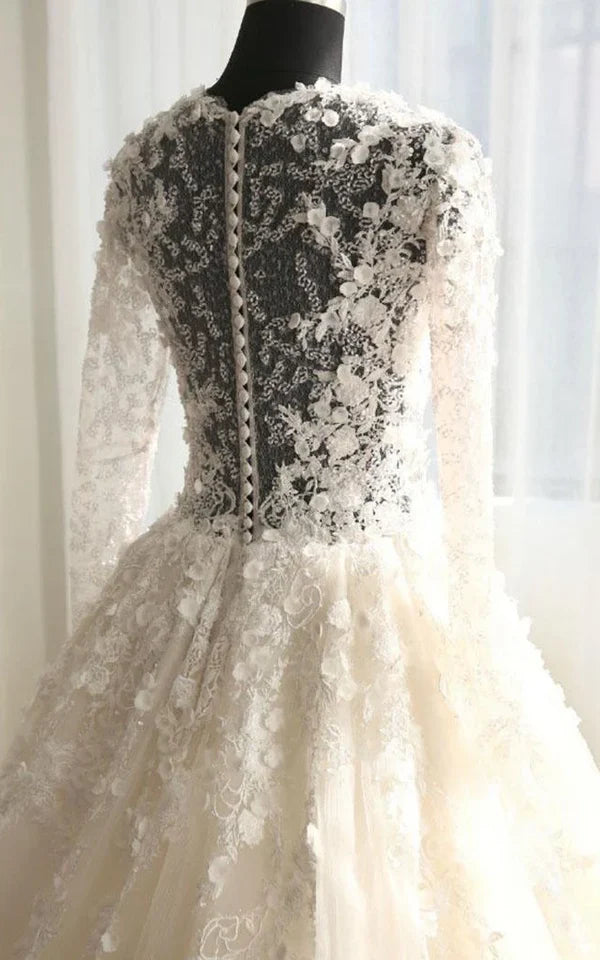 Buyishang A-Line Long Sleeve Bell Beading Appliques Flower Zipper Keyhole Tulle Lace Dress