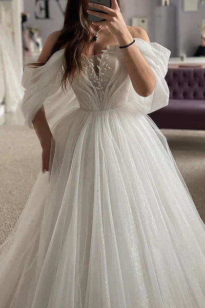 Buyishang A-Line Off-Shoulder Appliques Glitter Sheer Tulle Wedding Dress