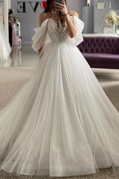 Buyishang A-Line Off-Shoulder Appliques Glitter Sheer Tulle Wedding Dress