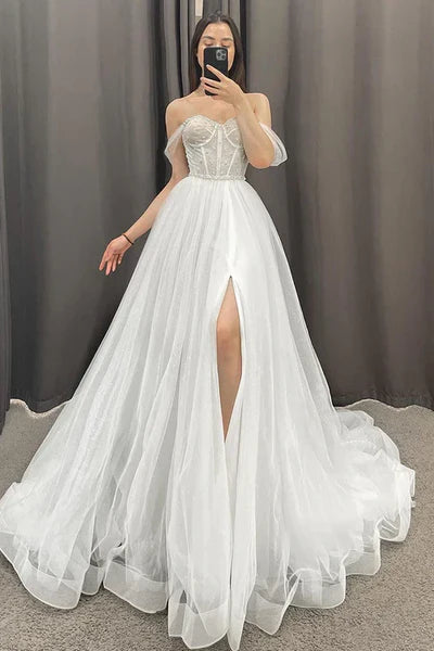 Buyishang A-line Off the Shoulder Beads High Split Rustic Wedding Dress