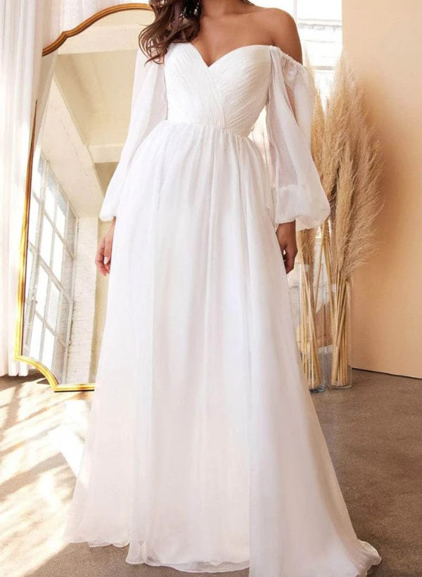 Buyishang A-Line Off-the-Shoulder Long Sleeves Chiffon Floor-Length Wedding Dress