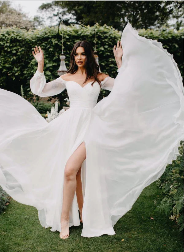 Buyishang A-Line Off-The-Shoulder Long Sleeves Wedding Dresses With Chiffon Slit