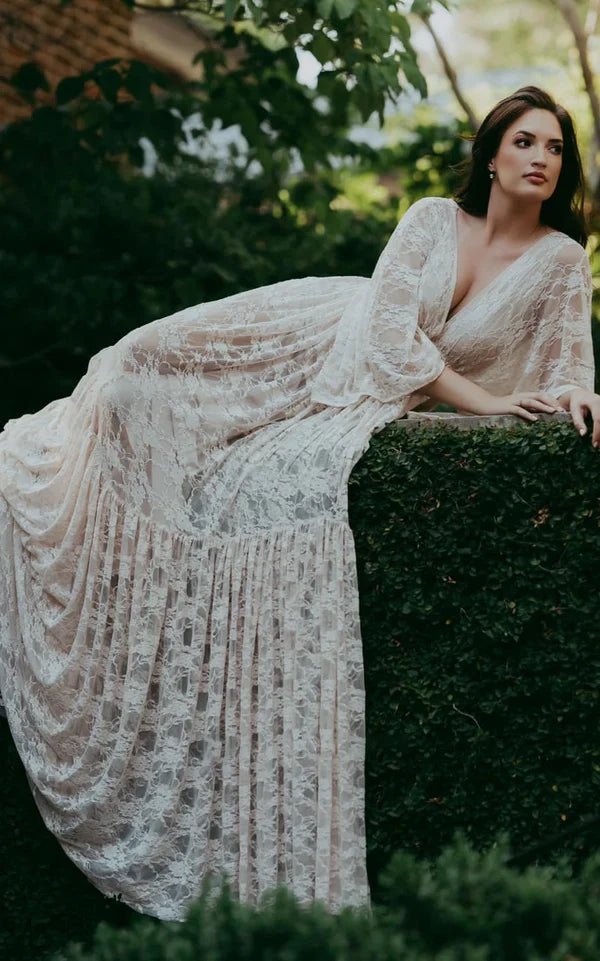 Buyishang A-Line Plunging Neckline Lace Wedding Dress With Open Back