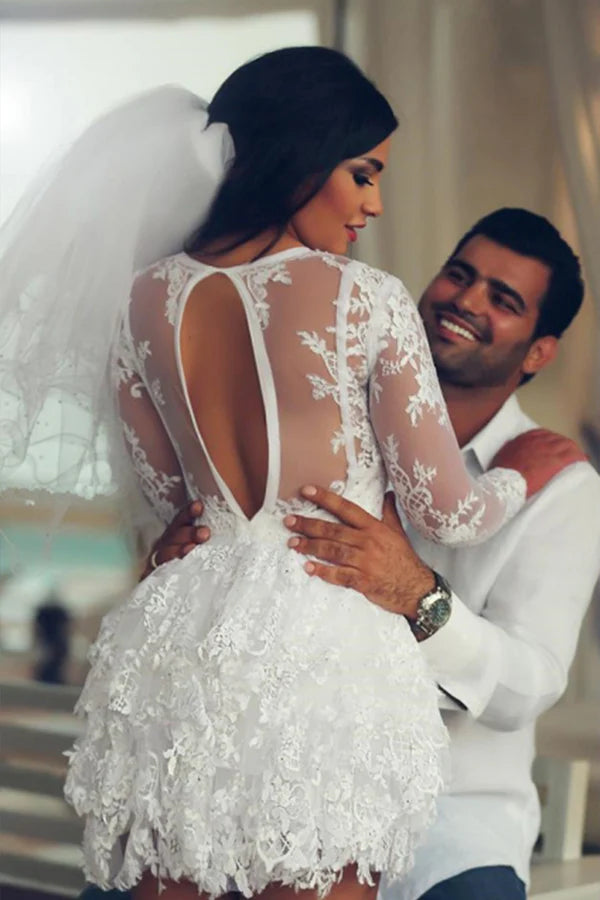 Buyishang A-Line Scoop Lace Applique Long Sleeves Short-Mini Wedding Dresses