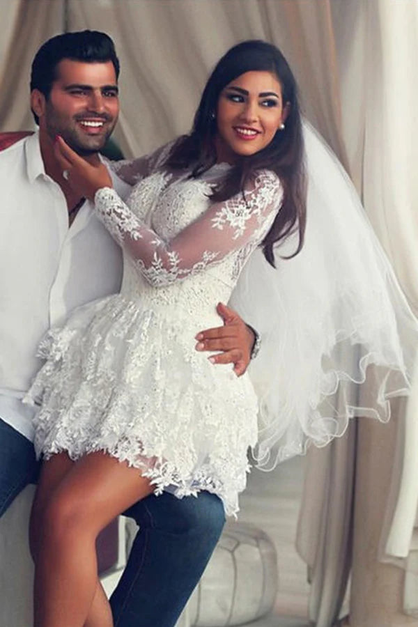 Buyishang A-Line Scoop Lace Applique Long Sleeves Short-Mini Wedding Dresses