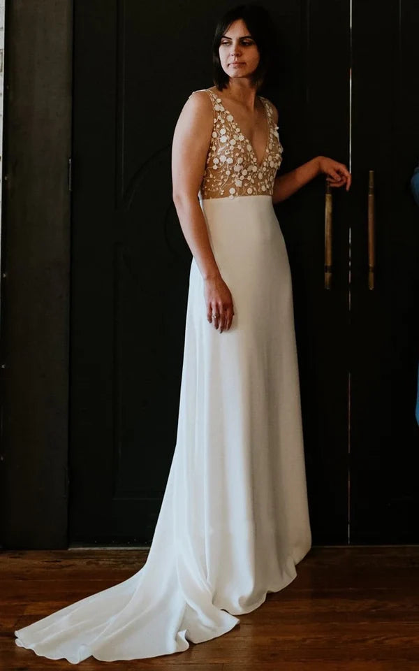 Buyishang A-Line Satin Simple V-neck Wedding Dress With Low-V Back And Appliques