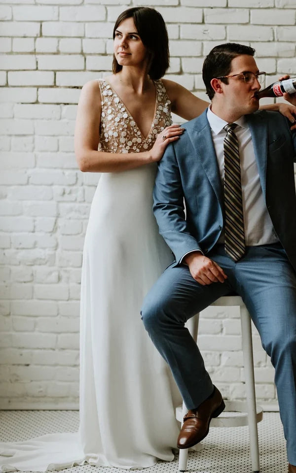 Buyishang A-Line Satin Simple V-neck Wedding Dress With Low-V Back And Appliques