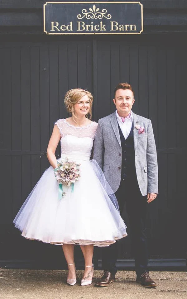 Buyishang A-Line Short Sleeveless Bell Cap Bat Ribbon Zipper Tulle Lace Dress