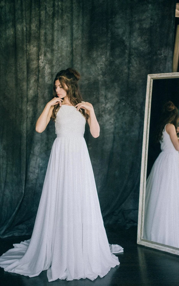 Buyishang A-Line Short Sleeveless Sleeve Chiffon Lace Satin Dress