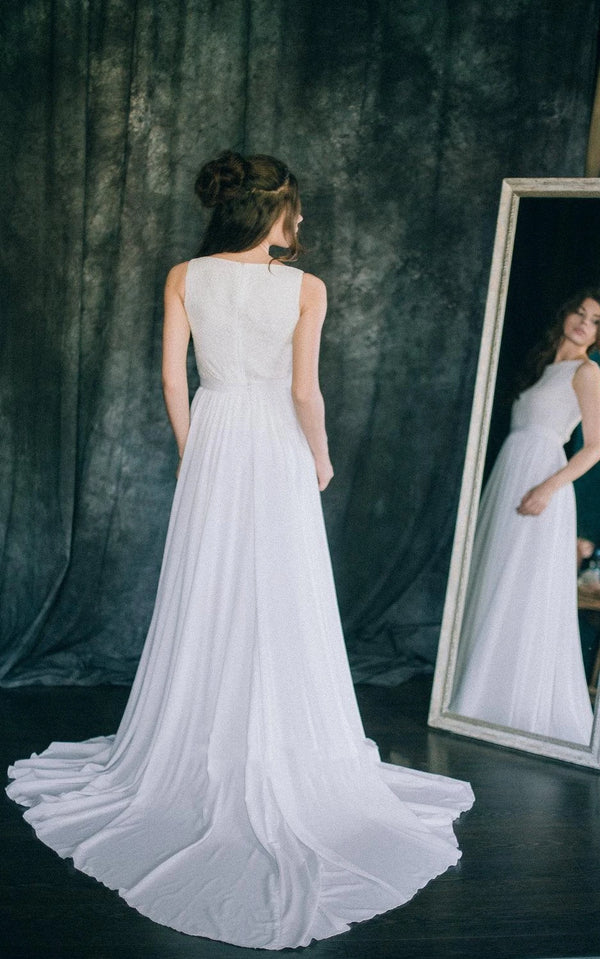 Buyishang A-Line Short Sleeveless Sleeve Chiffon Lace Satin Dress