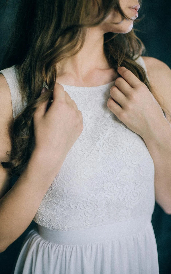 Buyishang A-Line Short Sleeveless Sleeve Chiffon Lace Satin Dress