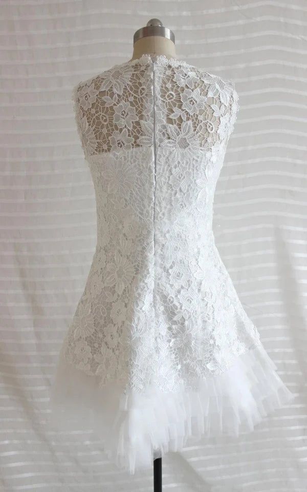 Buyishang A-Line Short Tulle Lace Satin Weddig Dress