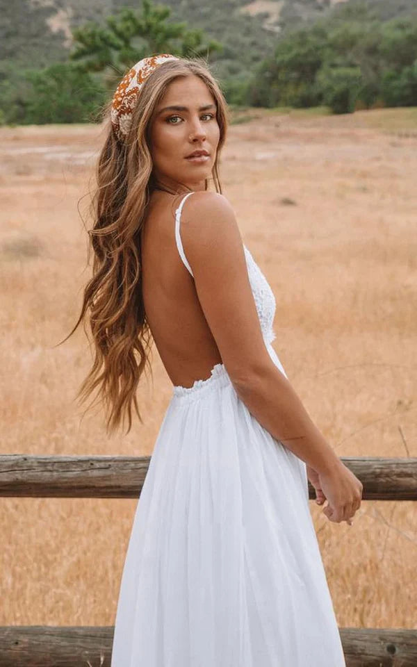 Buyishang A Line Spaghetti Chiffon Lace Floor-length Sleeveless Wedding Dress