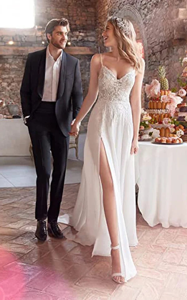 Buyishang A-Line Spaghetti Chiffon Wedding Dress Simple Bohemian Elegant Summer Beach Garden With Open Back And Sleevesless And Split Front