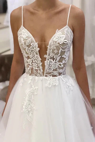 Buyishang A-Line Spaghetti Straps Tulle Appliques Rustic Wedding Dress