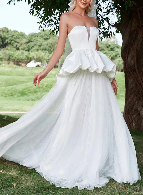 Buyishang A-Line Strapless Sleeveless Sweep Train Satin Tulle Wedding Dresses With Cascading Ruffles