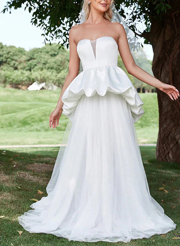 Buyishang A-Line Strapless Sleeveless Sweep Train Satin Tulle Wedding Dresses With Cascading Ruffles