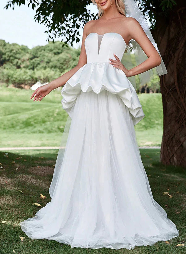 Buyishang A-Line Strapless Sleeveless Sweep Train Satin Tulle Wedding Dresses With Cascading Ruffles