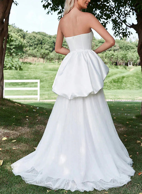 Buyishang A-Line Strapless Sleeveless Sweep Train Satin Tulle Wedding Dresses With Cascading Ruffles