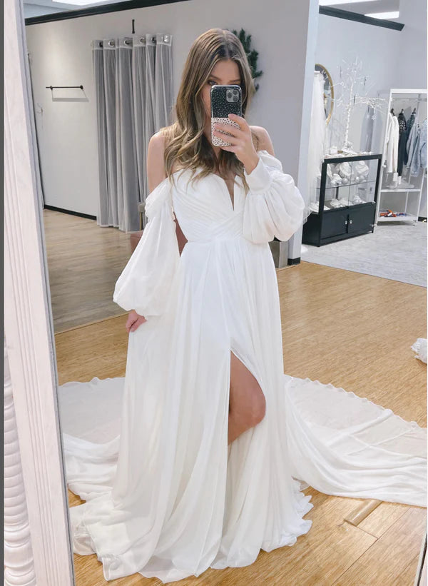 Buyishang A-Line Sweetheart Long Sleeves Chiffon Sweep Train Wedding Dress